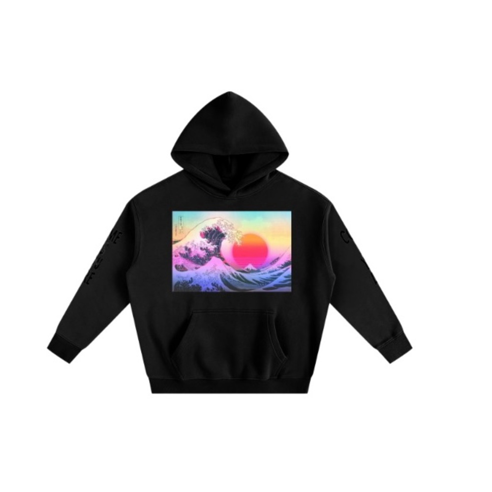 Black Hoodie with Colorful Wave Graphic